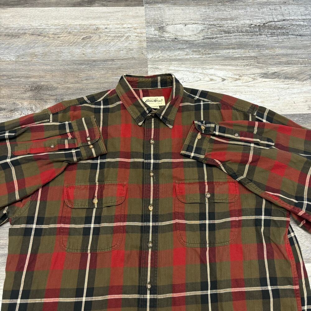 Eddie Bauer Flannel Tartan‎ Plaid Red Green Mens L Tall Button Shirt VIntage 90s